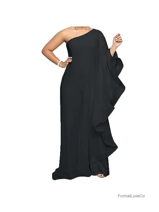Pants - Women's One Shoulder Ruffle Jumpsuit Wide Leg Long Pants Polyester Blend Dressy